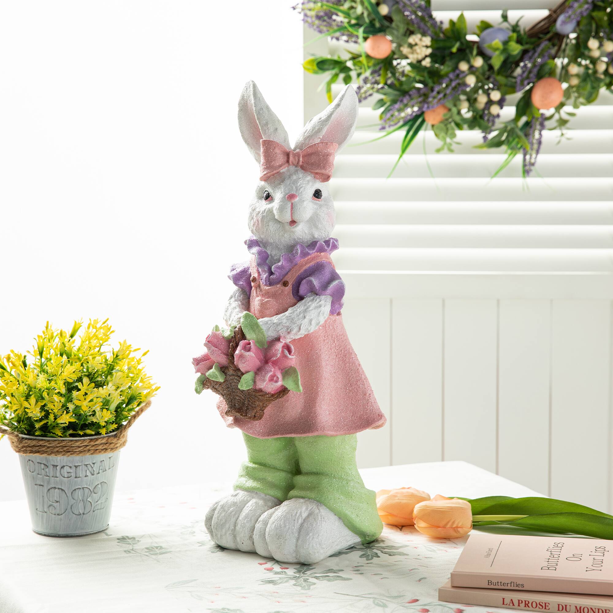Glitzhome® 17.5" Easter Bunny Girl with Flower Basket Table Décor